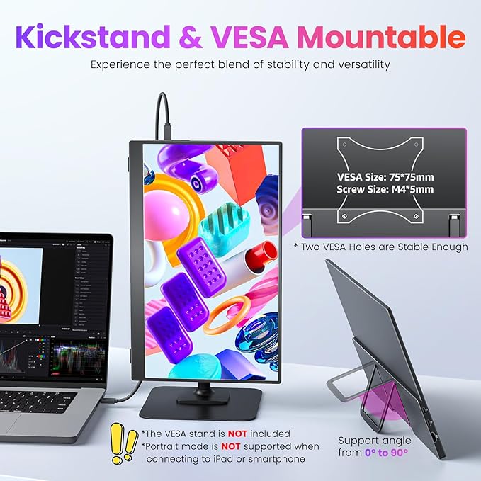 Upperizon Portable Monitor 15.6 inch FHD 87% sRGB 60Hz IPS HDR HDMI USB-C Travel Monitor for Laptop MacBook PC Surface PS5 Xbox, External Display with Kickstand & Speakers, VESA Compatible