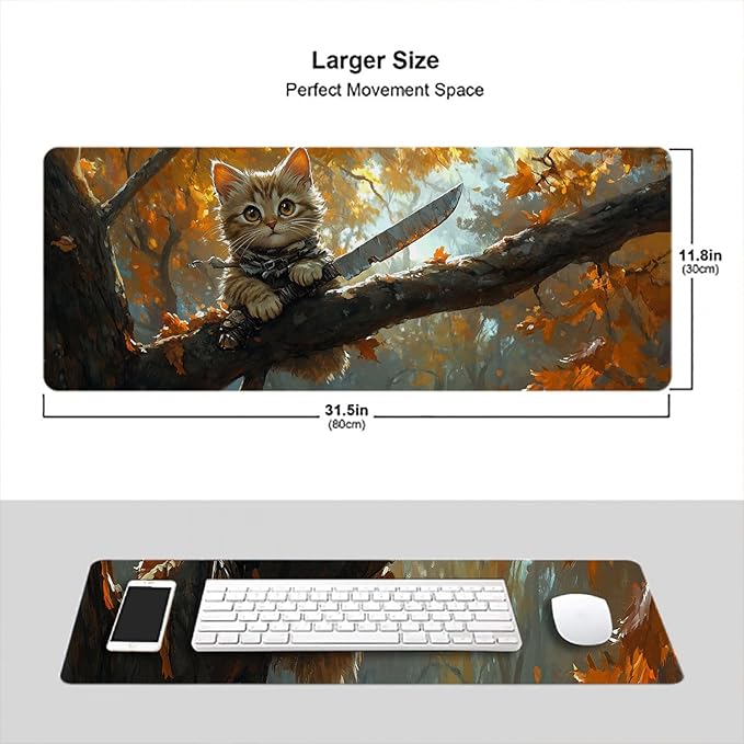 Cute Desk Mat Animal Cat Autumn Forest Fantasy Art Extended Gaming Mouse Pad Mat with Stitched Edge Non-Slip Base Big Mouse Pad 31.5"x11.8" Office Computer Keyboard Laptop Home