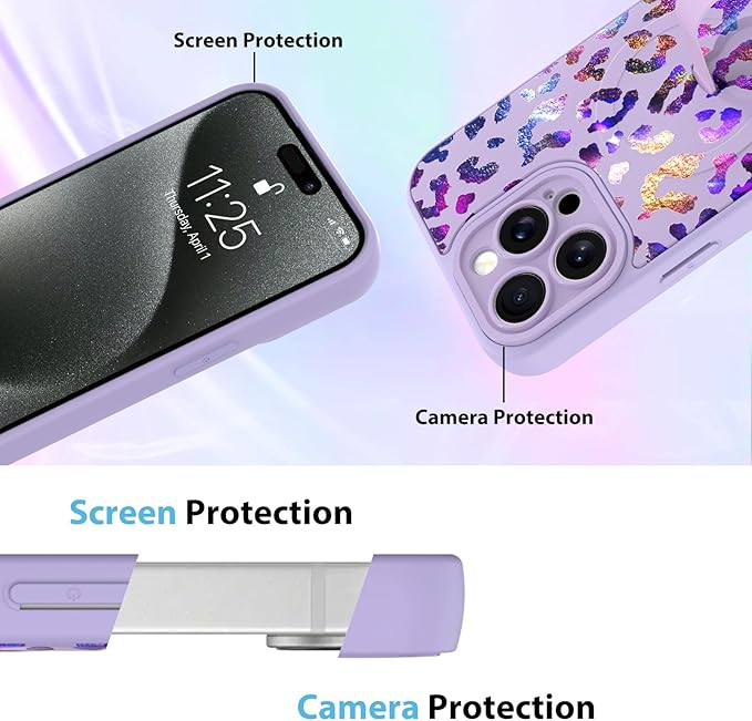 KANGHAR Compatible with iPhone 15 Pro Max Case, Support for MagSafe, Silicone Cute Iridescent Leopard Cheetah Pattern, Wristband Kickstand Shockproof Protective Slim Cover for Women Girls, Purple