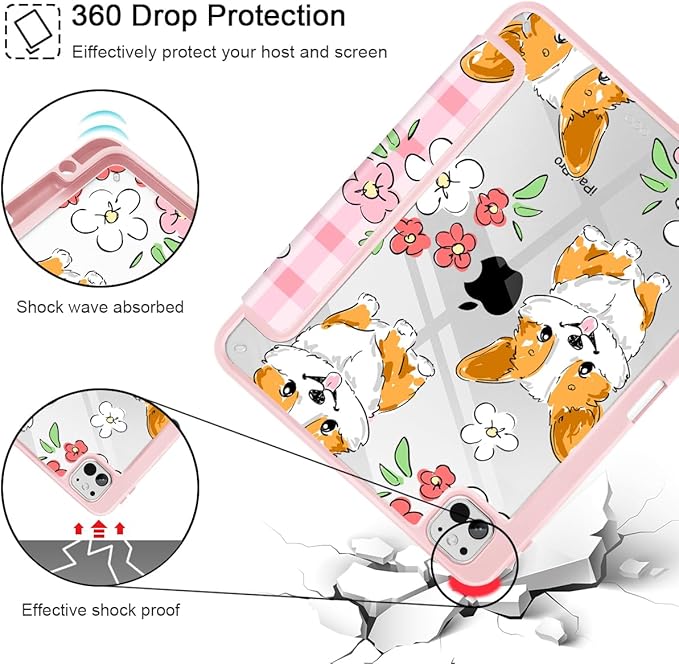 May Chen for iPad Pro 13 Inch Case M5 2025 / M4 2024, Built Pencil Holder & Clear Transparent Print Back Shell Slim Stand Shockproof Tablet Cover, Auto Wake/Sleep, Corgi Dog Stripes