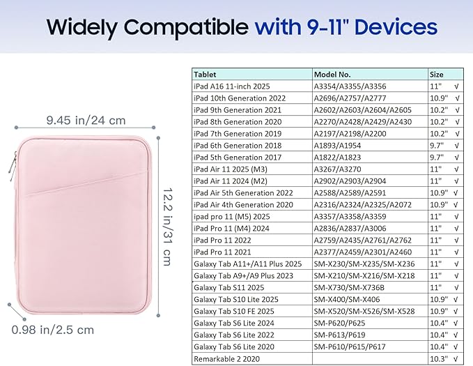 TiMOVO 9-11" Tablet Sleeve Bag for iPad 11-inch A16 2025, iPad 10.9"/10.2"| Air 11 Inch/5th/4th Gen. 10.9", Galaxy Tab A9+/A11Plus 11", Protective Bag with Pockets, Pink