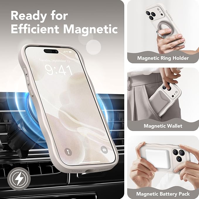 CAPRARO Magnetic for iPhone 17 Pro Max Case for Women Girls, Upgraded [Full Camera Protection] [Compatible with MagSafe] Cute Wave Translucent Matte Phone Case for iPhone 17 Pro Max, Stone