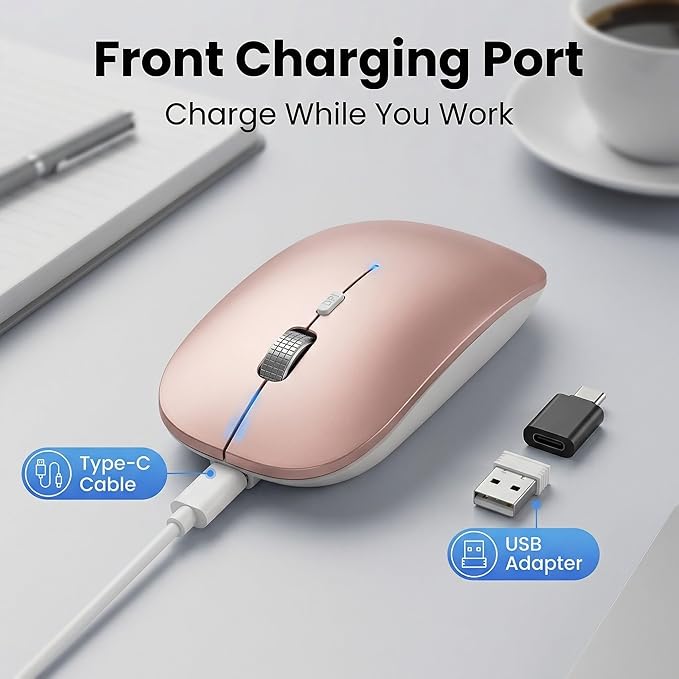 SABLUTE M31 Bluetooth Mouse for MacBook Pro/Air, iPad - Rechargeable Tri-Mode Wireless Mouse for 3 Devices (BT 5.2 + 2.4G), Sleek Slim Silent Mouse for Surface, Windows, Rose Gold