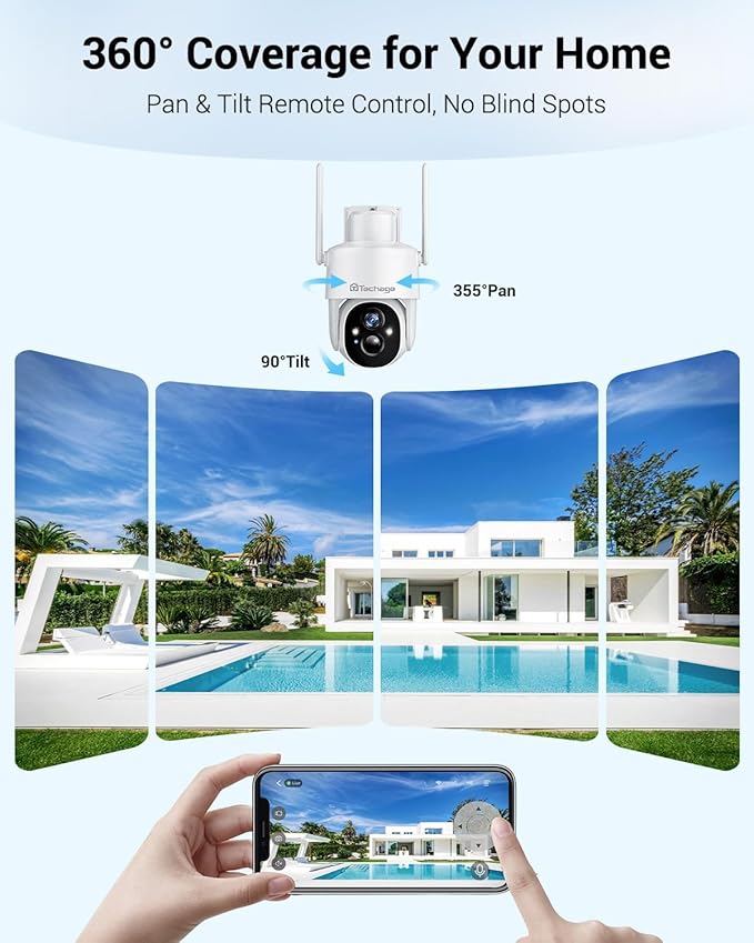 Solar Security Cameras Wireless Outdoor, 2K WiFi Cameras for Home Security, 360° PTZ Surveillance Camera with PIR, Color Night Vision, 2-Way Talk, IP66 Waterproof, SD/Cloud, Work with Alexa (2 Pack)