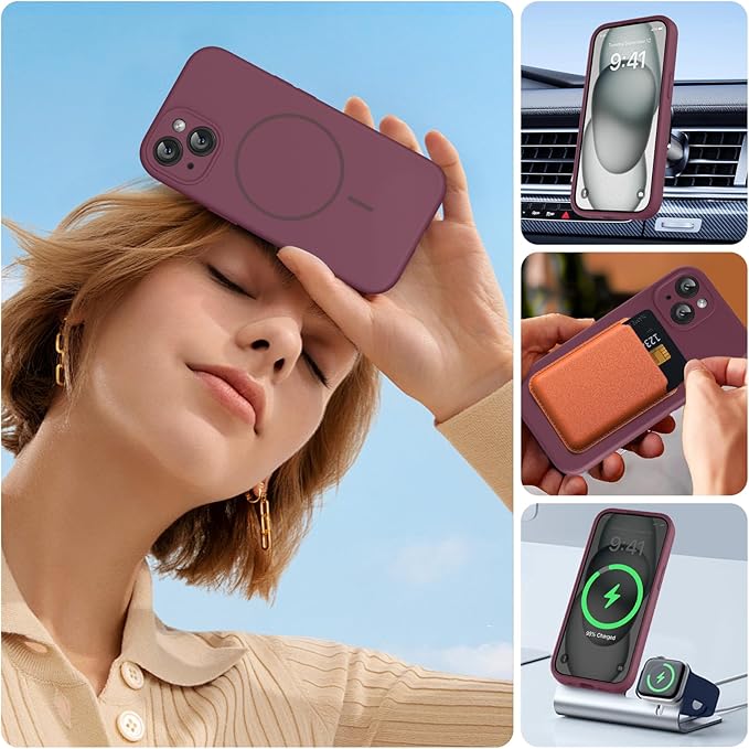 Miracase Magnetic for iPhone 15 Plus Case, [Soft Anti-Scratch Microfiber Lining], Magnetic for MagSafe, Liquid Silicone Shockproof Drop Protection Phone Case for 15 Plus, Wine Red