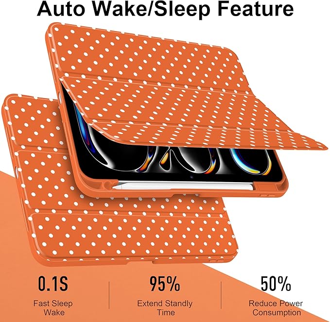 Case for iPad Pro 11 Inch (M5 2025 M4 2024) – [Built-in Pencil Holder], Shockproof & Stylish, Clear Hard Back + Soft TPU Edge, Magnetic Trifold Stand, Auto Wake/Sleep, Orange White dot