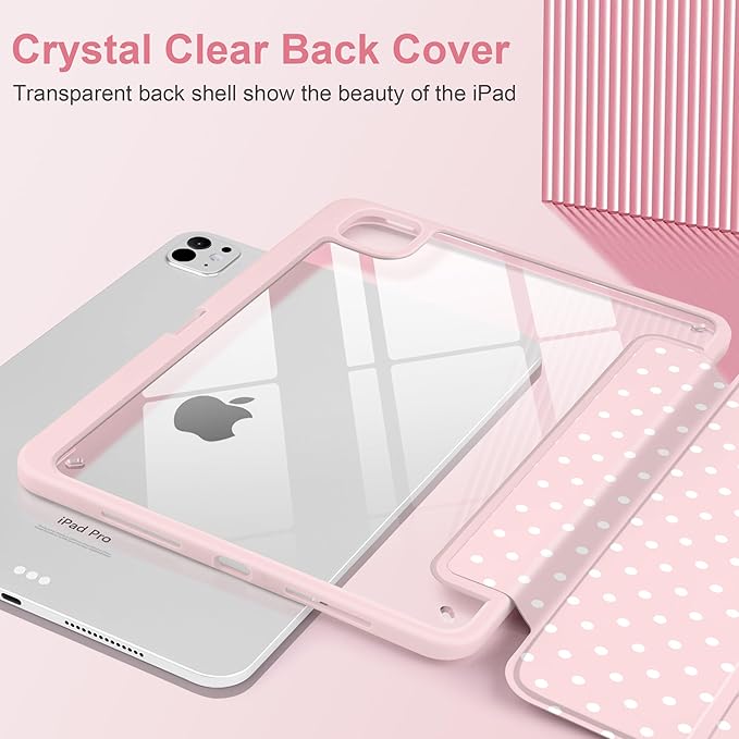 Case for iPad Pro 13 Inch (M5 2025 M4 2024) – [Built-in Pencil Holder], Shockproof & Stylish, Clear Hard Back + Soft TPU Edge, Magnetic Trifold Stand, Auto Wake/Sleep, Pink White dot
