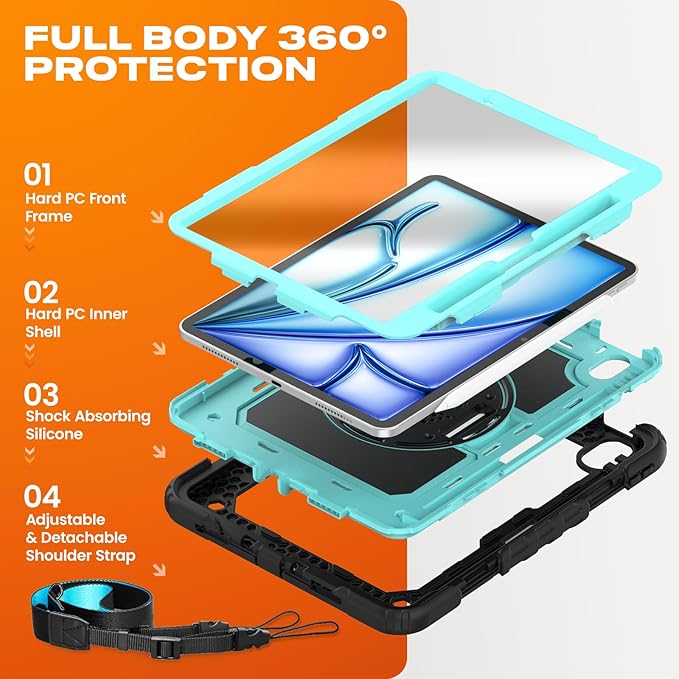 SEYMAC stock Case for iPad Air 11-inch M4-M2 2026-2024 (Gen 8-6), Shockproof Heavy Duty Case with Screen Protector, Pencil Holder, Rotating Stand, Hand Strap, Shoulder Strap, SkyBlue