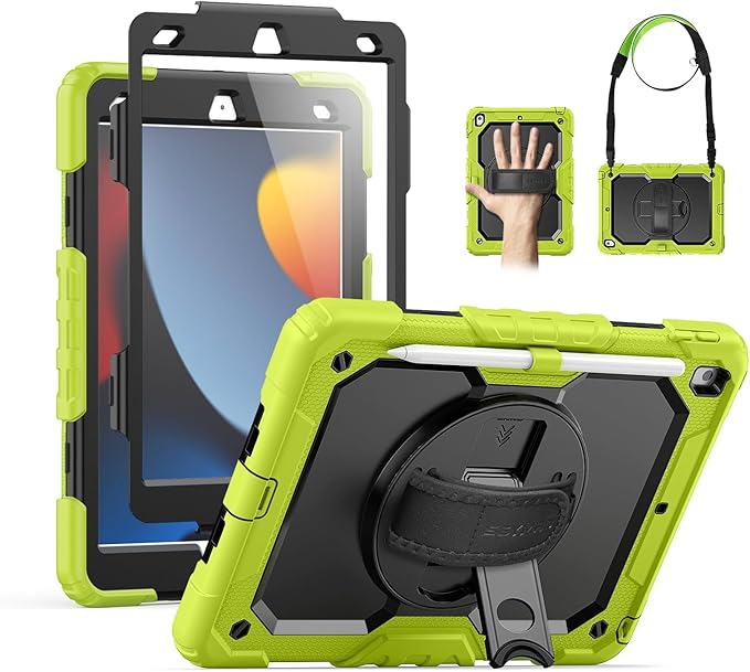 SEYMAC Case for iPad 9th/8th/7th Generation 10.2 inch 2021-2019, Heavy Duty Protective Shockproof Case with Screen Protector, Rotating Stand/Handle/Shoulder Strap for iPad 10.2, Green