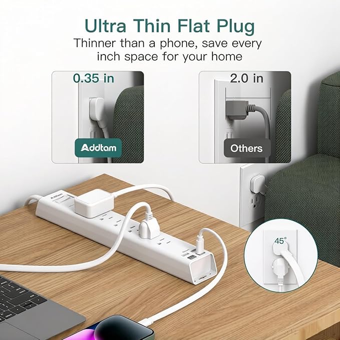 Addtam 5ft Power Strip Surge Protector, 6 Outlets and 4 USB Ports (2 USB C), Ultra Flat Plug Wall Mount, Multi Plug Outlet Extender Desktop Charging Station for Home Office Dorm Room Essentials