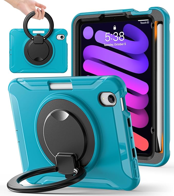 BATYUE Shockproof Case for iPad mini 7 (A17 Pro)/ Mini 6 8.3 inch (2024/2021) - 360° Multi-Angle Stand (Portrait & Landscape) & Grip, Built-in Pencil Holder, Lake Blue