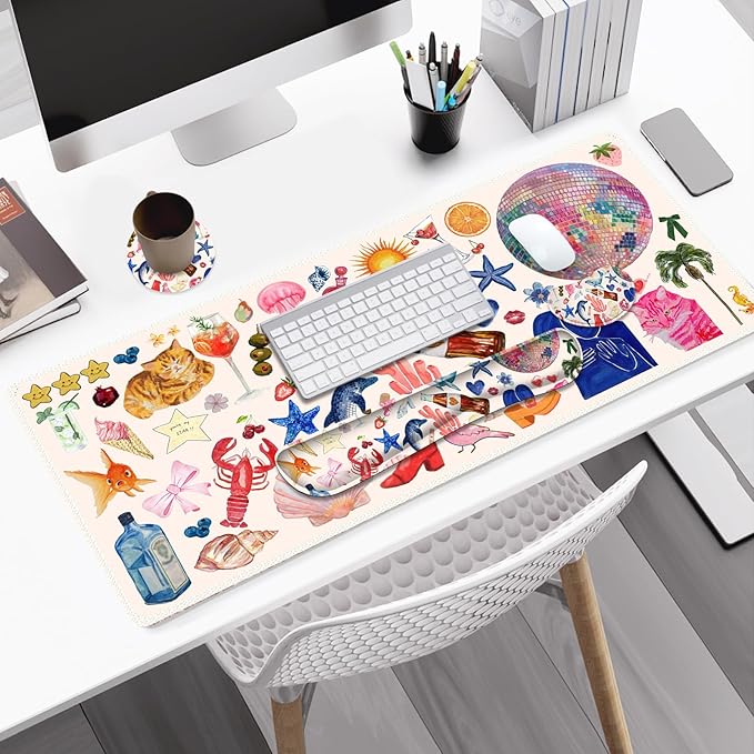 Large Gaming Mouse Pad Set, 4 in 1 Ergonomics Keyboard Desk Mat with Memory Foam Wrist Rest, Computer Extended Game Mousepad, Non-Slip Desk Matt Easy Typing Pain Relief I Colorful Stickers