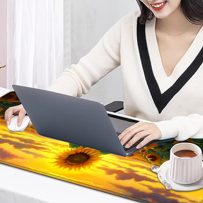 Large Mouse Pad, 31.5 x 11.8in Extended Gaming Mouse Pad with Stitched Edges, XXL Mousepad Protector Non Slip Rubber Base for Office and Home Writing Mat, Sunflower Field Pattern Desk Mat