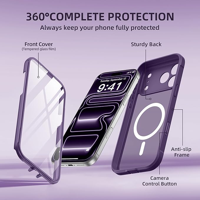 BERFY for iPhone 17 Pro Max Case, Compatible with MagSafe, Built-in Glass Screen Protector, Camera Protection, Shockproof Full Body Phone case 6.9", Translucent Dark Violet