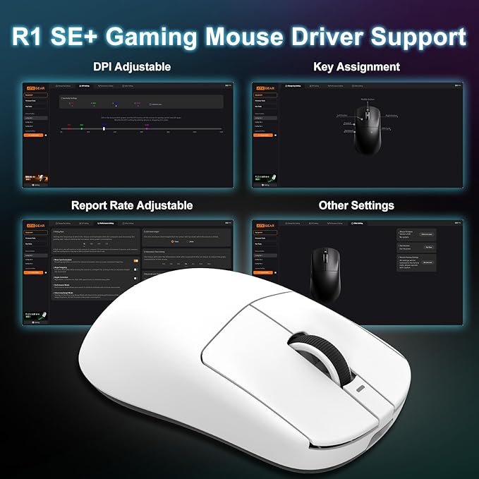 R1 SE+ Wireless Gaming Mouse, 18000 DPI, High-Precision PAW3395 SE Sensor,55g Lightweight,Tri-Mode 2.4G/BT5.0/USB-C Gaming Mouse, Programmable Ergonomic Mice Suitable for Laptops/PC/Mac (White)
