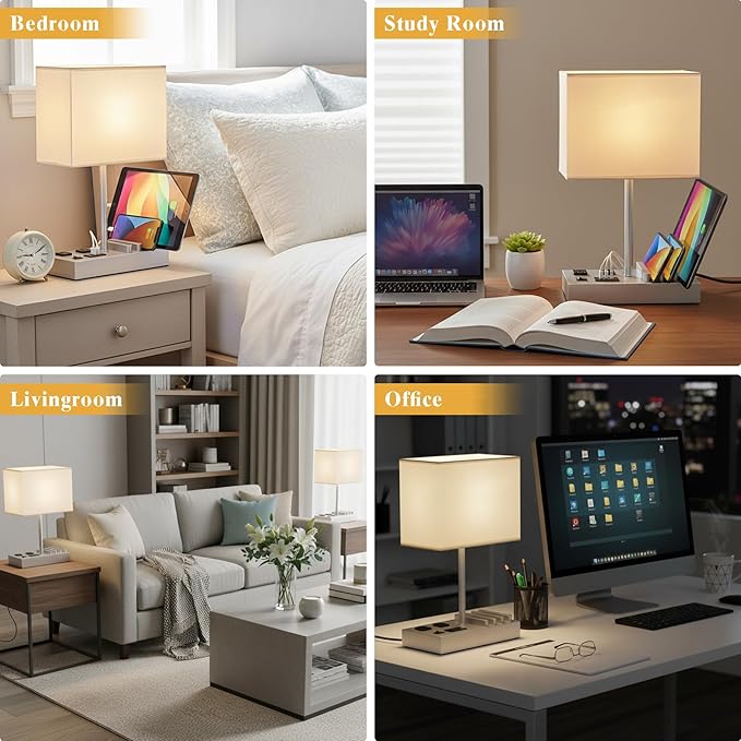 Briever Upgraded 3 USB Table Lamp with 2 USB A & C Charging Ports, Bedside Desk Lamp with 2 AC Outlets and Wooden Phone Stand Organizer, Nightstand Lamp for Bedroom, Living Room, Office, Silver Base
