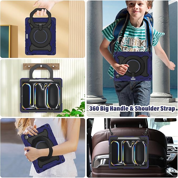 ROISKIN for iPad Pro 13 inch Case (M5 2025 / M4 2024) -with HD Screen Protector, 360 Rotating Kickstand/Handle, Shoulder Strap, Pen Holder, Heavy Duty Military Grade - Kids Friendly