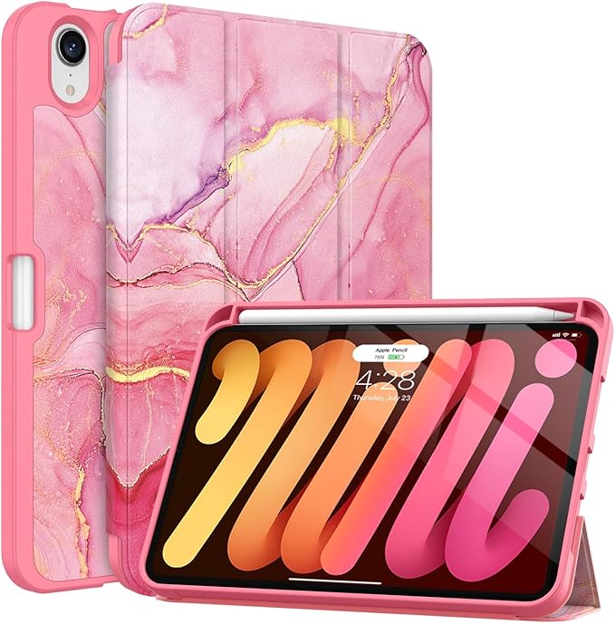 Soke Case for iPad mini 7(A17 Pro) 2024/iPad Mini 6 2021 8.3 inch with Pencil Holder-[Pencil Charging + Auto Wake/Sleep], Soft TPU Back Cover for iPad mini 7th/6th Generation(Watermelon Marble)