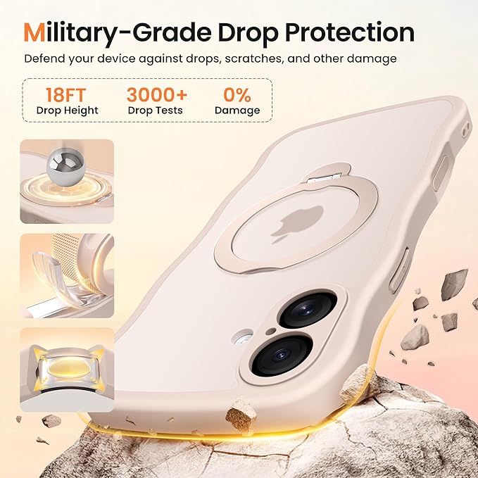 CAPRARO for iPhone 16 Plus Case with 360° Spin Magnetic Stand for Women, [Compatible with MagSafe] [Full Camera Protection] Cute Wave Translucent Matte Case for iPhone 16 Plus, Pink Gold