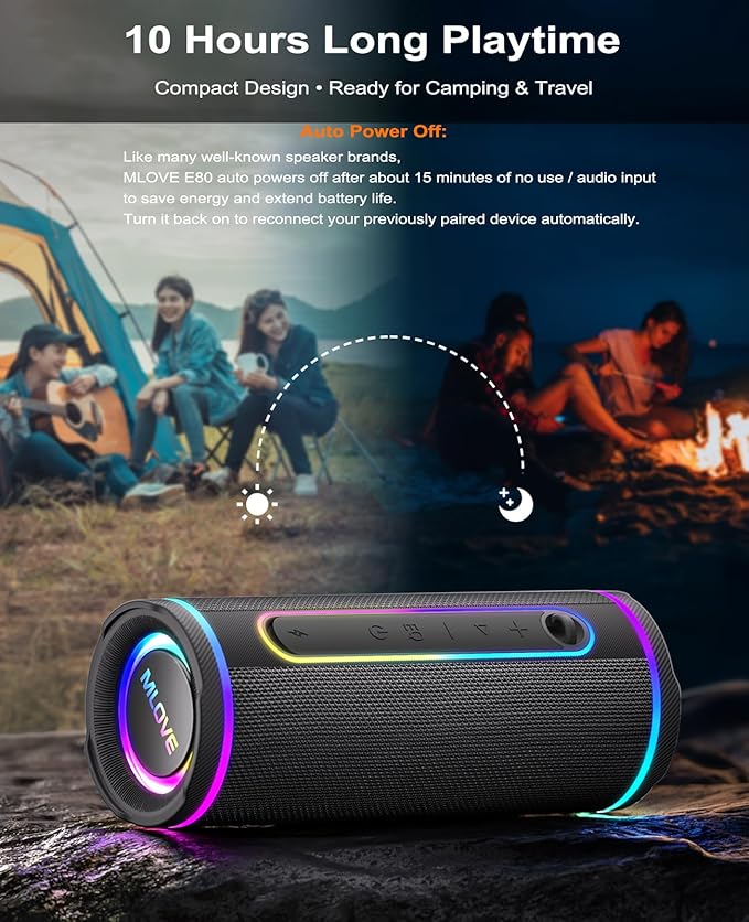MLOVE E80 Speakers Bluetooth Wireless, Portable Bluetooth Speaker with Aux Input, Micro SD Card Slot, Bass Up, TWS, RGB Lights, IPX7 Waterproof, BT5.4 for Outdoor, Car Music, Beach, Gifts, 30W, Black