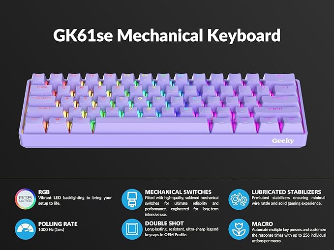 Geeky GK61 SE 60% | Mechanical Gaming Keyboard | 61 Keys Multi Color RGB LED Backlit for PC/Mac Gamer | ANSI US American Layout (Lavender, Mechanical Speed Yellow)