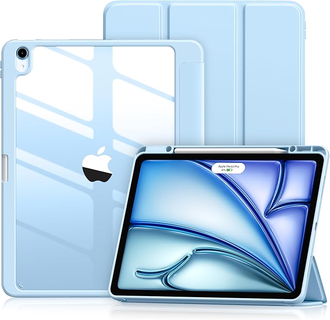 Wenlaty for iPad Air 13 Inch Case M4/M3/M2 (2026/2025/2024) with Pencil Holder, Slim Trifold Stand Protective Cover for iPad Air 13 Case with Clear Transparent Back, Auto Wake/Sleep -Sky Blue