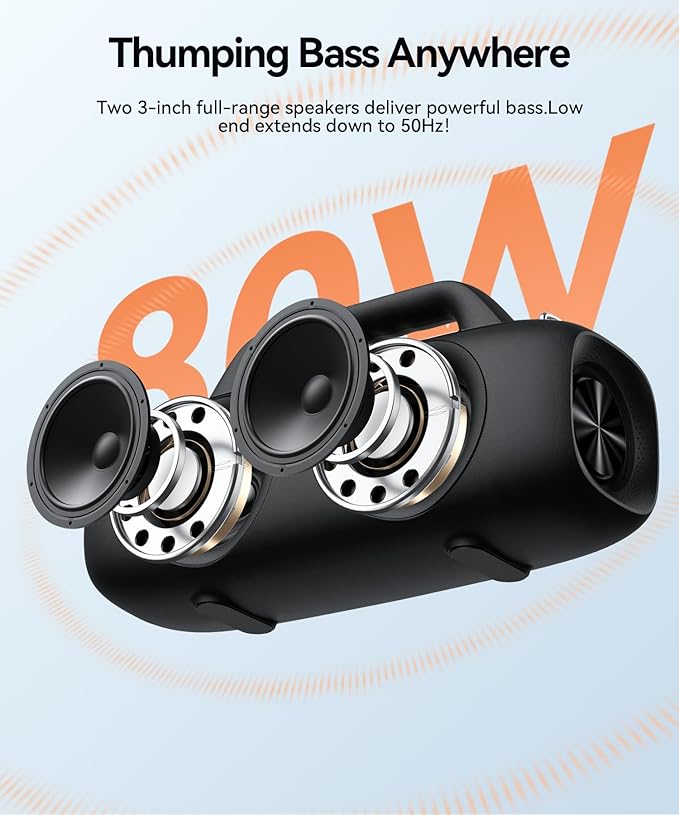 BassBloom Roar 1 Portable Bluetooth Speaker,60W Powerful Sound with JIKE Bass,IPX6 Waterproof,24H Playtime,Bluetooth 5.4,RGB Party Lights,Wireless Stereo Pairing,Travel Outdoor for Camping and Beach