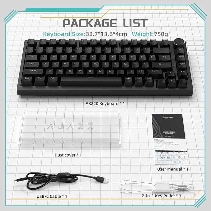 Attack Shark ajazz AK820 Mechanical Gaming Keyboard with Knob 75% Keyboard Hot Swappable Type-C Wired Gasket 5-Layer Noise Absorbing Foam White LED Backlit NKRO Linear Red Switch for PC/Win/Mac-Black