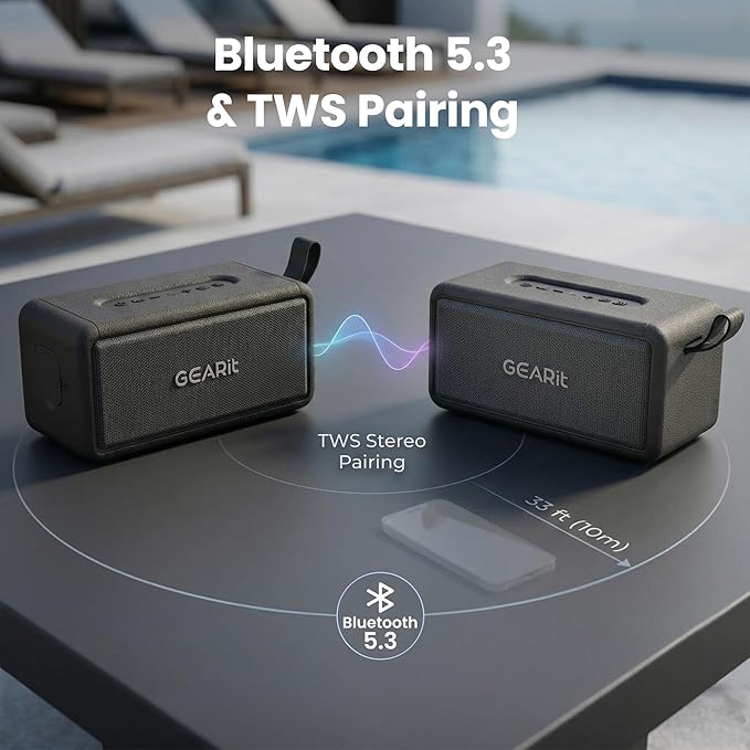 GEARit Portable Wireless Speaker | 40W Bluetooth Speaker V5.3 Deep Bass | IPX6 Waterproof TWS Pairing 15H Playtime Aux/USB/MicroSD for Camping Beach Party Garage RV Birthday Gifts