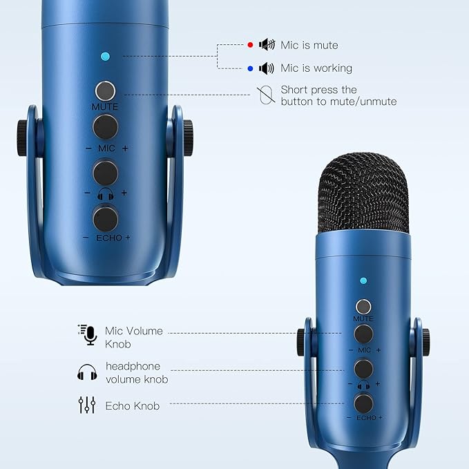 ZealSound Podcast Microphone for PC, Noise Cancellation USB Mic with Gain, Volume Adjustment & Mute Button, Monitoring & Echo, for YouTube, TikTok, Podcasting, Streaming, iPhone, iPad, Android(Blue)