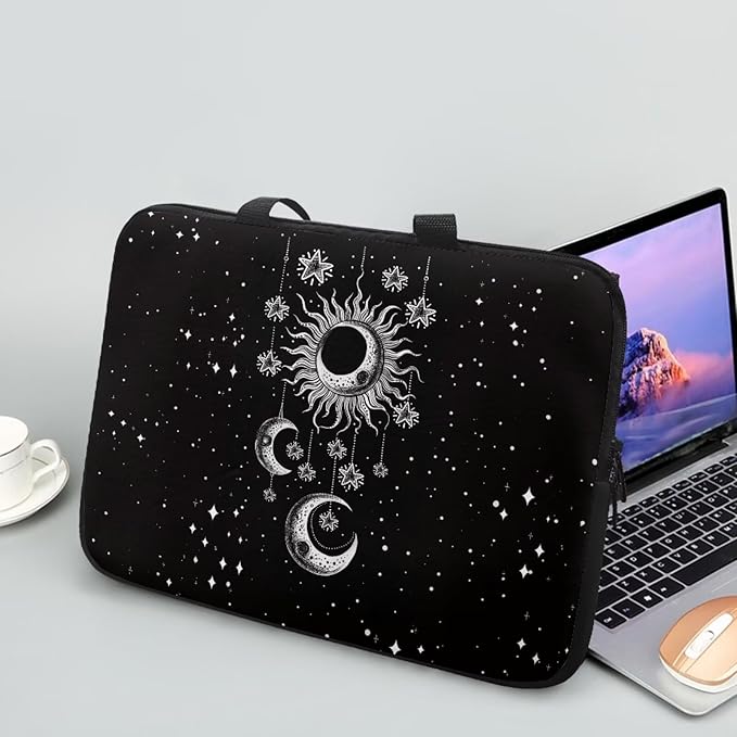 Sun Moon Stars Laptop Sleeve Case for Women Protective Soft Padded Zipper Cover Carrying Computer Bag Compatible with 17 Inch Notebook Chromebook Tablet, Galaxy Space, Black