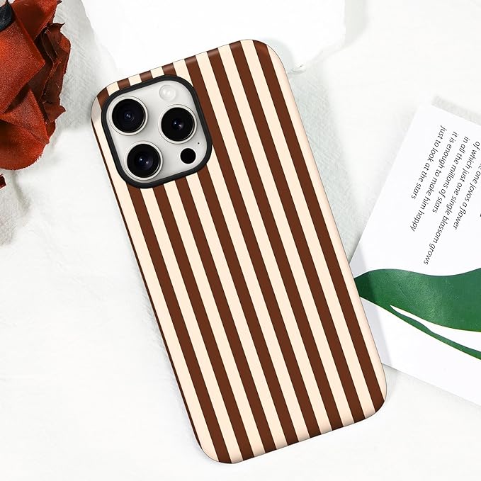 Magnetic for iPhone 14 Pro Case Cute Stripes Phone Case, Shockproof Slim TPU and Hard PC Protective Phone Cover Compatible with MagSafe Designed for Women Girls, Brown
