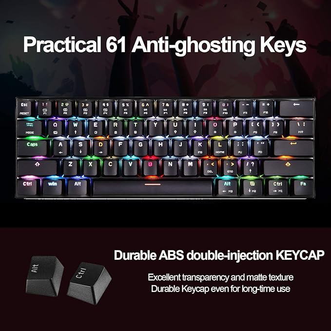 MOTOSPEED 60% Mechanical Keyboard Portable 61 Keys RGB LED Backlit Type-C USB Wired Office/Gaming Keyboard for Mac, Android, Windows（Blue Switch）