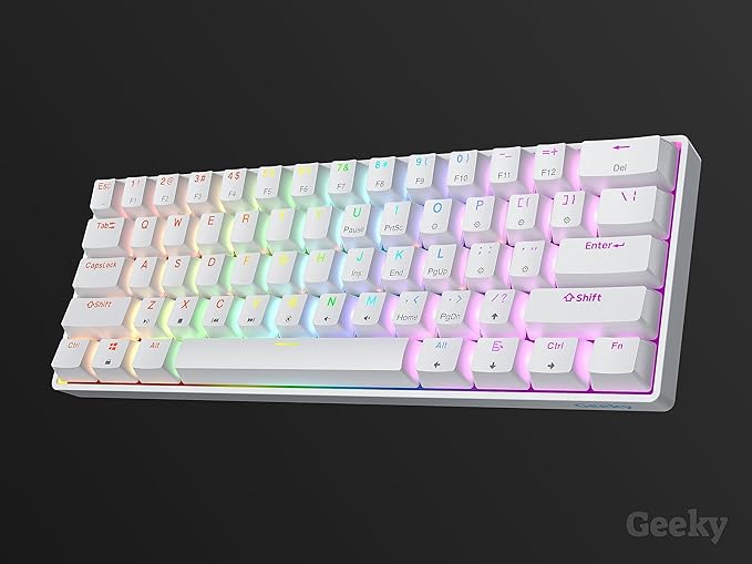 Geeky GK61 60% | Hot Swappable Mechanical Gaming Keyboard | 61 Keys Multi Color RGB LED Backlit for PC/Mac Gamer | ANSI US American Layout (White, Mechanical Speed Yellow)