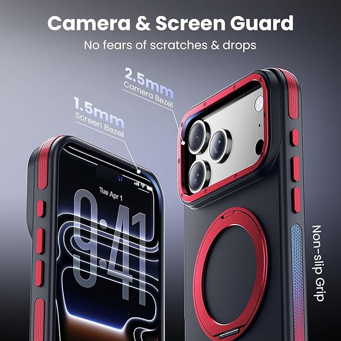 Strong Magnetic Case for iPhone 17 Pro(6.3", 2025) with Stand, Drop-Proof Bumper Cover with Contrast Color Border, Military-Grade Drop Protection, Shockproof Slim Thin Cover,Red