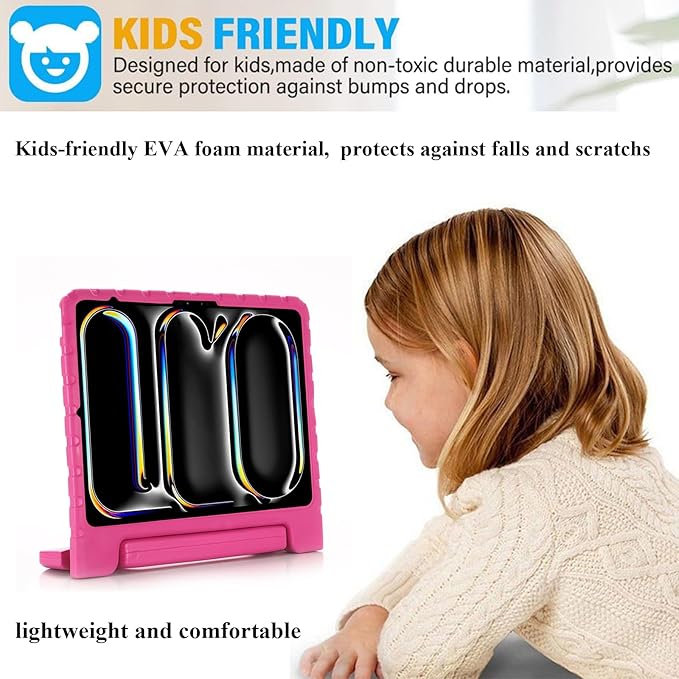 Kids Case for iPad Pro 13 inch M5/M4 (2025/2024) with Pencil Holder/Convertible Handle Stand Shockproof Slim Lightweight Cute Soft EVA Heavy Duty Rugged Kickstand Cover for Children, Rose