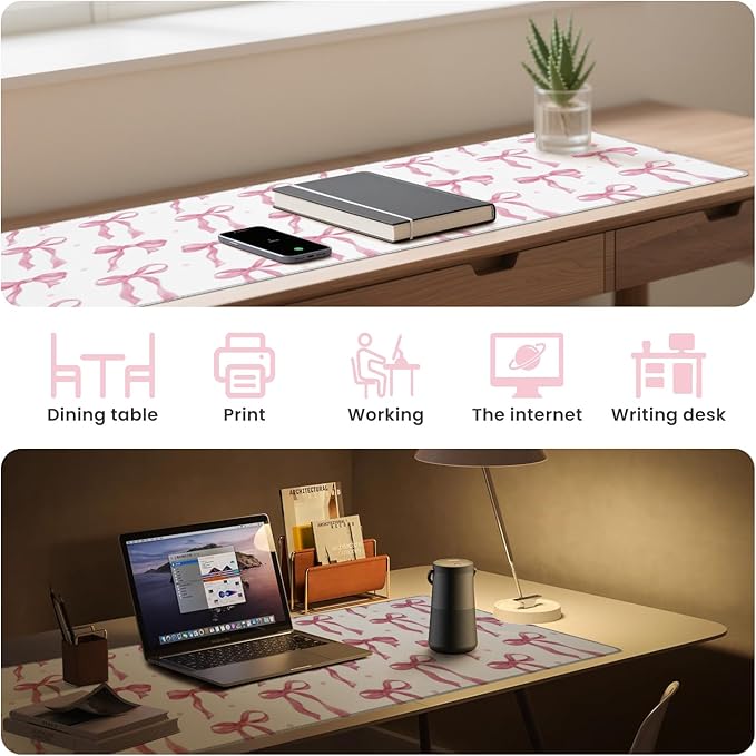 White Mouse Pad with Pink Bows, Cute Desk Mat Pink Keyboard Mat for Computer Laptop Non-Slip Rubber Base, Large Office Mat Kawaii Desktop Décor Accessories Office Supplies for Girls Women 31.5 x 11.8