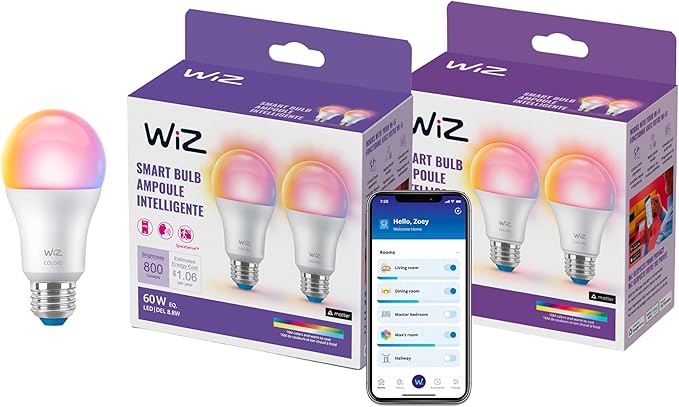 WiZ Connected Smart Light Bulbs, 4-Pack, Full Color A19 60W 800LM E26 LED Lights, Sunset/Sunrise Automation, Smart Bulbs with Motion Detection, Control with Voice or App
