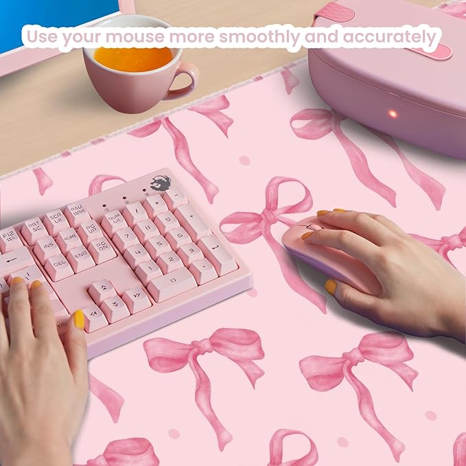 Pink Mouse Pad, Pink Desk Mat Bows Laptop Pad Computer Mat, Gaming Keyboard and Mouse Pad Non-Slip Rubber Base, Stitched Edge, Cute Desk Accessories Girly Decor Office Supplies for Women 23.6" x 11.8"