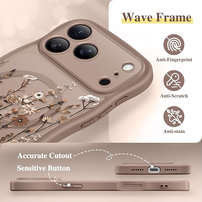 GVIEWIN for iPhone 17 Pro Case Compatible with MagSafe [Curly Wave Edge][Full Camera Protection] Floral Translucent Shockproof Magnetic Women Phone Case for iPhone 17 Pro 6.3'', Floratopia/Brown