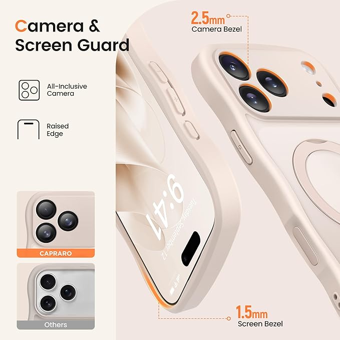 CAPRARO for iPhone 17 Pro Max Case with 360° Spin Magnetic Stand for Women, [Compatible with MagSafe] [Full Camera Protection] Cute Wave Translucent Matte Case for iPhone 17 Pro Max, Rose Gold