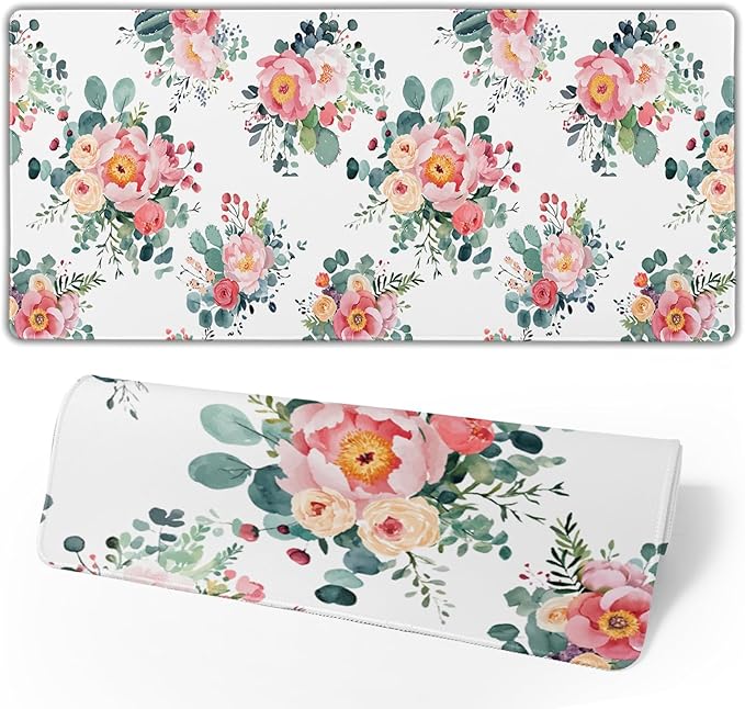 Pink Floral Mouse Pad Large Watercolor Pink Floral Mouse Pad Extended Non-Slip Mousepad with Stitched Edges 35.4x15.7 Inch Non-Slip Rubber Base Desktop Protectors Mats for Home Office Accessories