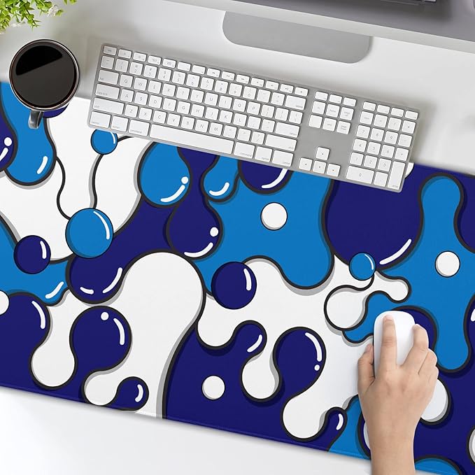Navy Blue White Mouse Pad Anime Cool Geometric Japanese Extended Desk Mat 90X40 CM Non-Slip Rubber Base Stitched Edge Large XXL Mousepad for Gaming Laptop Computer Desktop 35.4×15.7 Inch