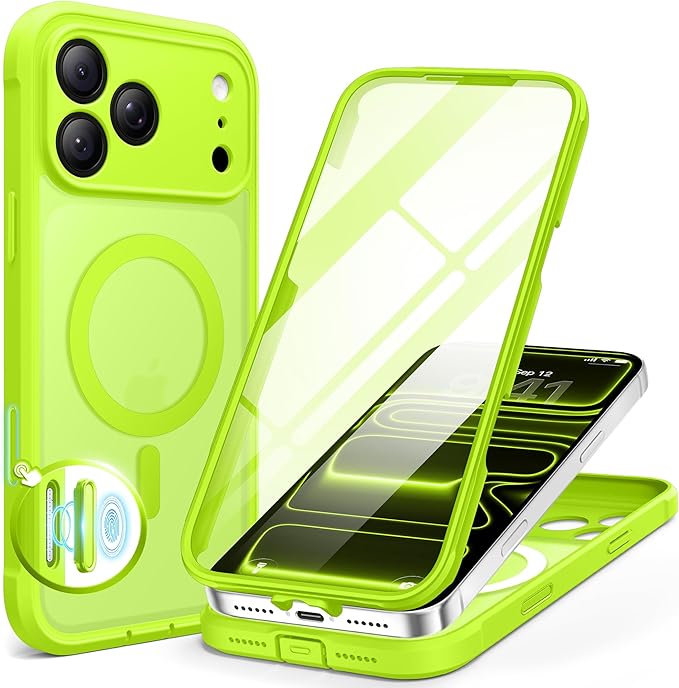 BERFY for iPhone 17 Pro Max Case, Compatible with MagSafe, Built-in Glass Screen Protector, Camera Protection, Shockproof Full Body Phone case 6.9", Translucent Bright Green