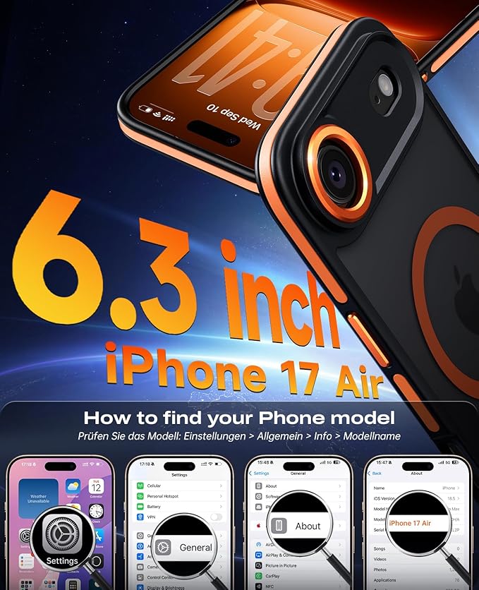 BENTOBEN Magnetic for iPhone Air Case 2025 [Compatible with Magsafe] [Military-Grade Protection] Women Men Colorful Anti-Slip Shockproof Bumper Phone Cases for iPhone 17 Air 6.5", Cosmic Orange/Black