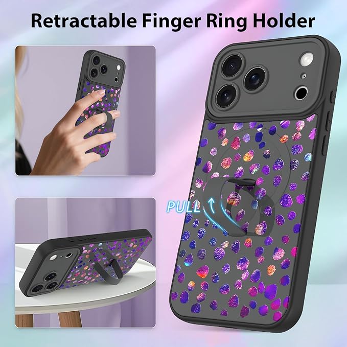 KANGHAR Compatible with iPhone 17 Pro Max Case, Support for MagSafe, Silicone Cute Iridescent Pattern Leopard Print Cheetah, Wristband Kickstand Shockproof Soft Slim Cover for Girls Women, Black