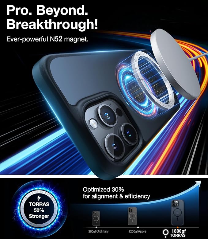 TORRAS Ultra Magnetic for iPhone 15 Pro Case, [3X Military-Grade Drop Tested] [Compatible with MagSafe], Shockproof Translucent Durable Slim Protective Anti-Scratch Anti-Fingerprint, Black