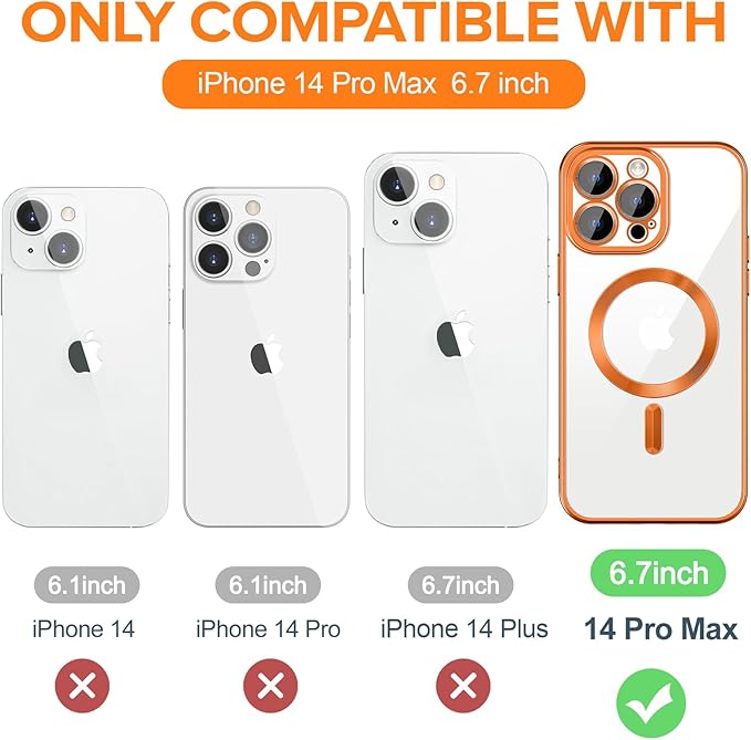 Hython Magnetic Clear for iPhone 14 Pro Max Case with Camera Lens Protector [Compatible with MagSafe] Plating Edge Slim Soft TPU Cover Protective Phone Case for iPhone 14 Pro Max 6.7", Matte Orange