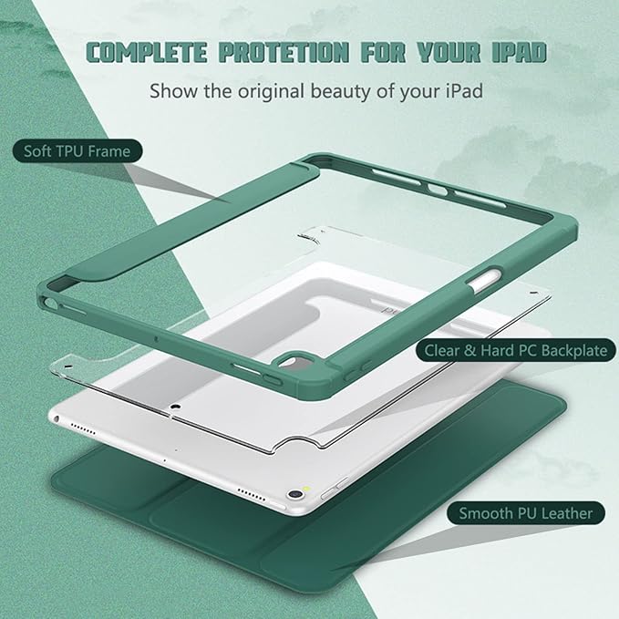Case for iPad 9th / 8th / 7th Generation (2021/2020 / 2019), for iPad 10.2 Inch Case with Pencil Holder, Stand Tablet Clear Back Cover, Auto Sleep/Wake - Grey White