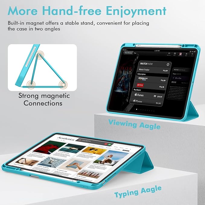 ZryXal New iPad Air 13 Inch Case M3 2025/M2 2024 with Pencil Holder, Trifold Stand Smart Case with Soft TPU Back,Auto Wake/Sleep(Cyan)